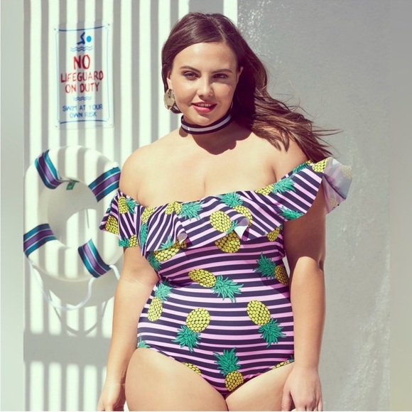 Eloquii Other - ELOQUII Pineapple Stripe Off-Shoulder One-Piece Swimsuit Size 16